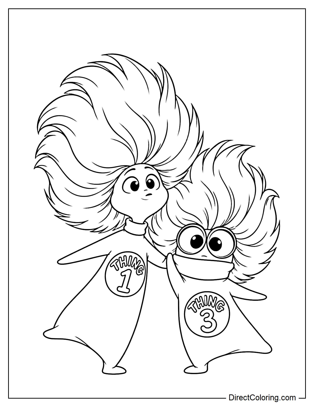 Thing 1 and Thing 3 stand close together. Thing 1 has enormous fluffy hair standing tall and spreading outward, with one hand resting gently behind Thing 3, while Thing 3 wears large round glasses, pulls a high collar over the mouth, and has fluffy hair sweeping to one side.