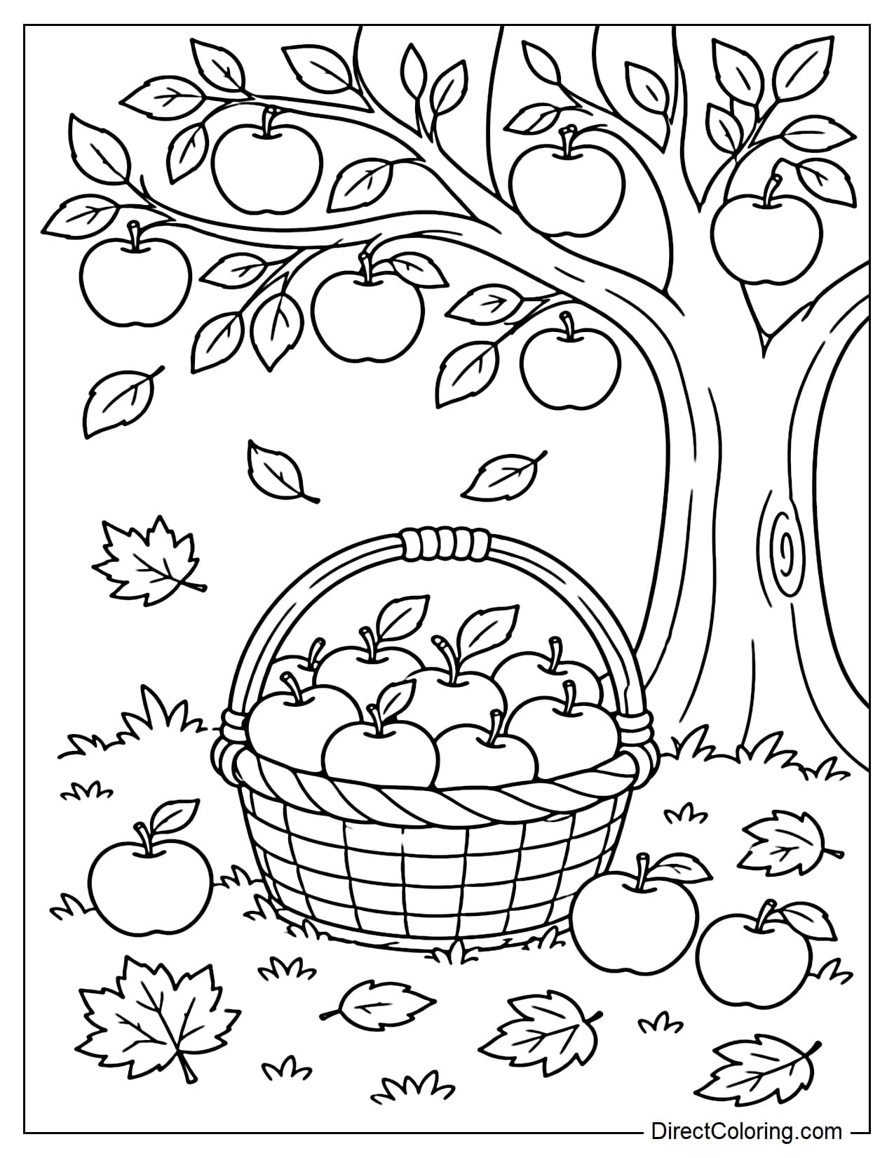 A bamboo basket full of apples sits under an apple tree, with some apples lying on the grass and some early autumn leaves falling.