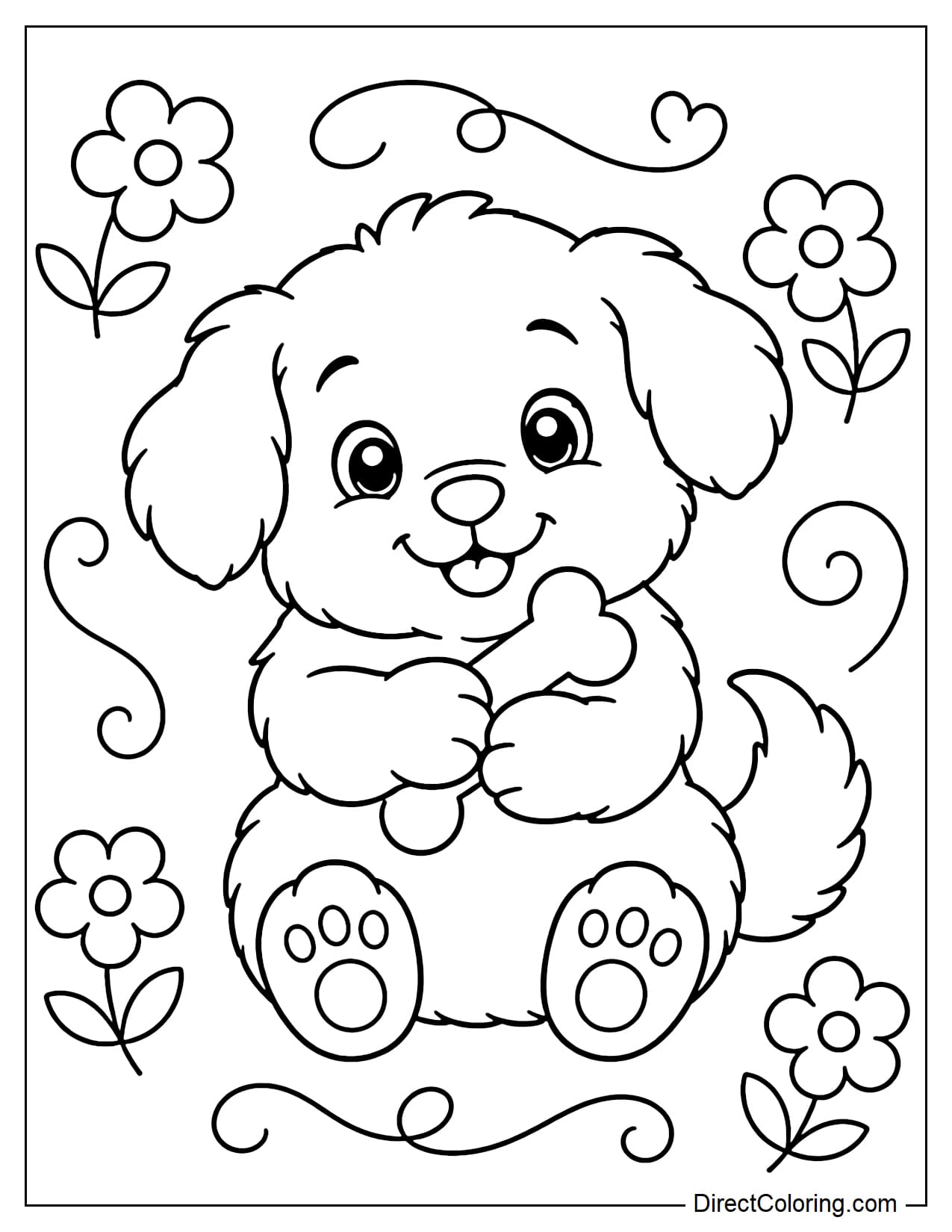 A fluffy, chubby puppy is holding a small bone to its chest, its round body adorable, surrounded by a few small flowers.