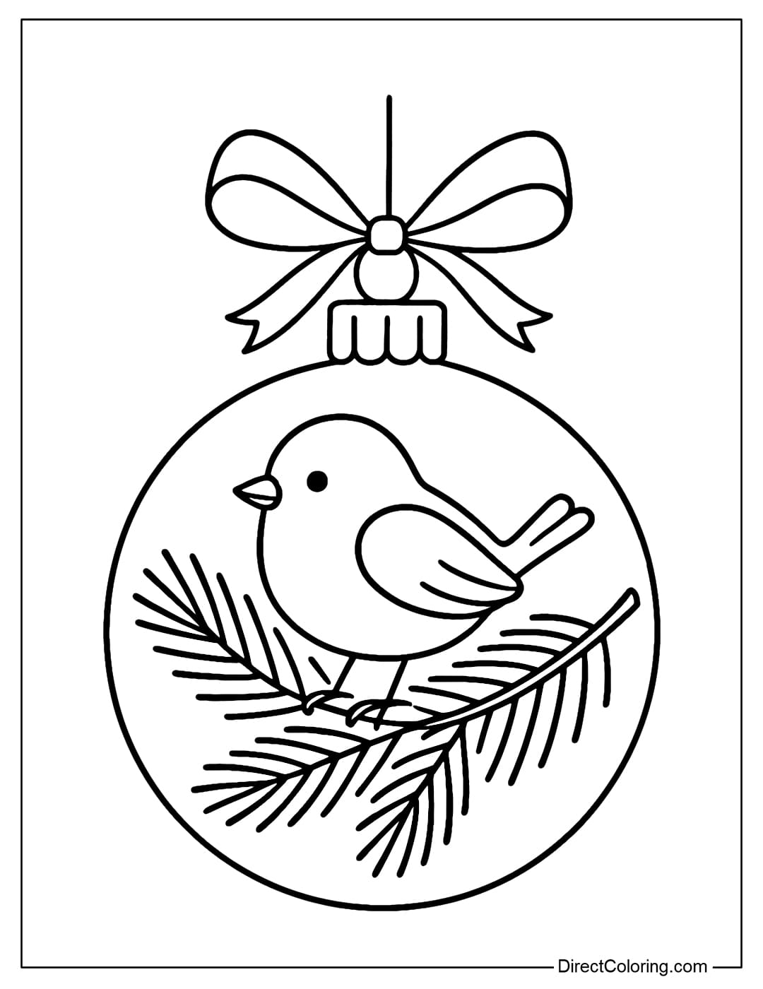 A Christmas bauble coloring page with pine branches and small birds.