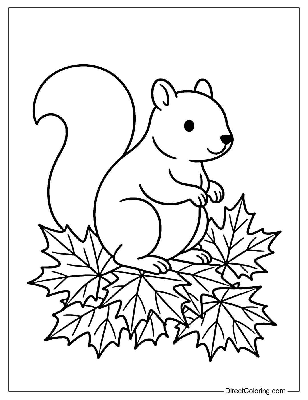 A little squirrel coloring page sitting on a pile of red-orange maple leaves.