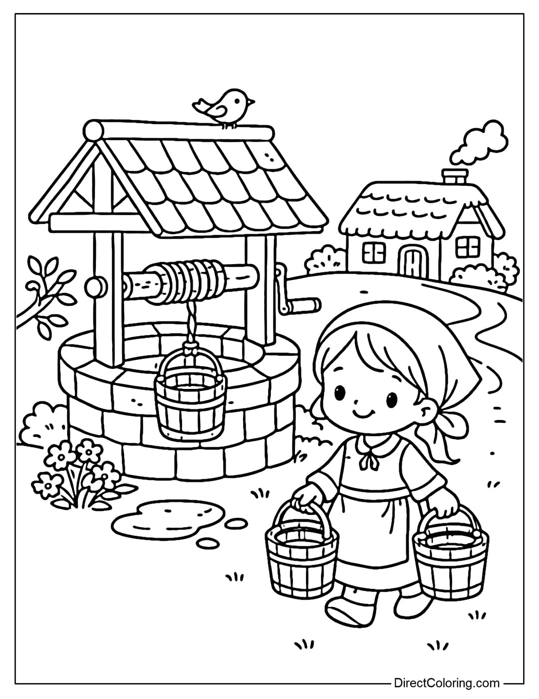 Coloring page of a person fetching water from the village well and carrying it home.
