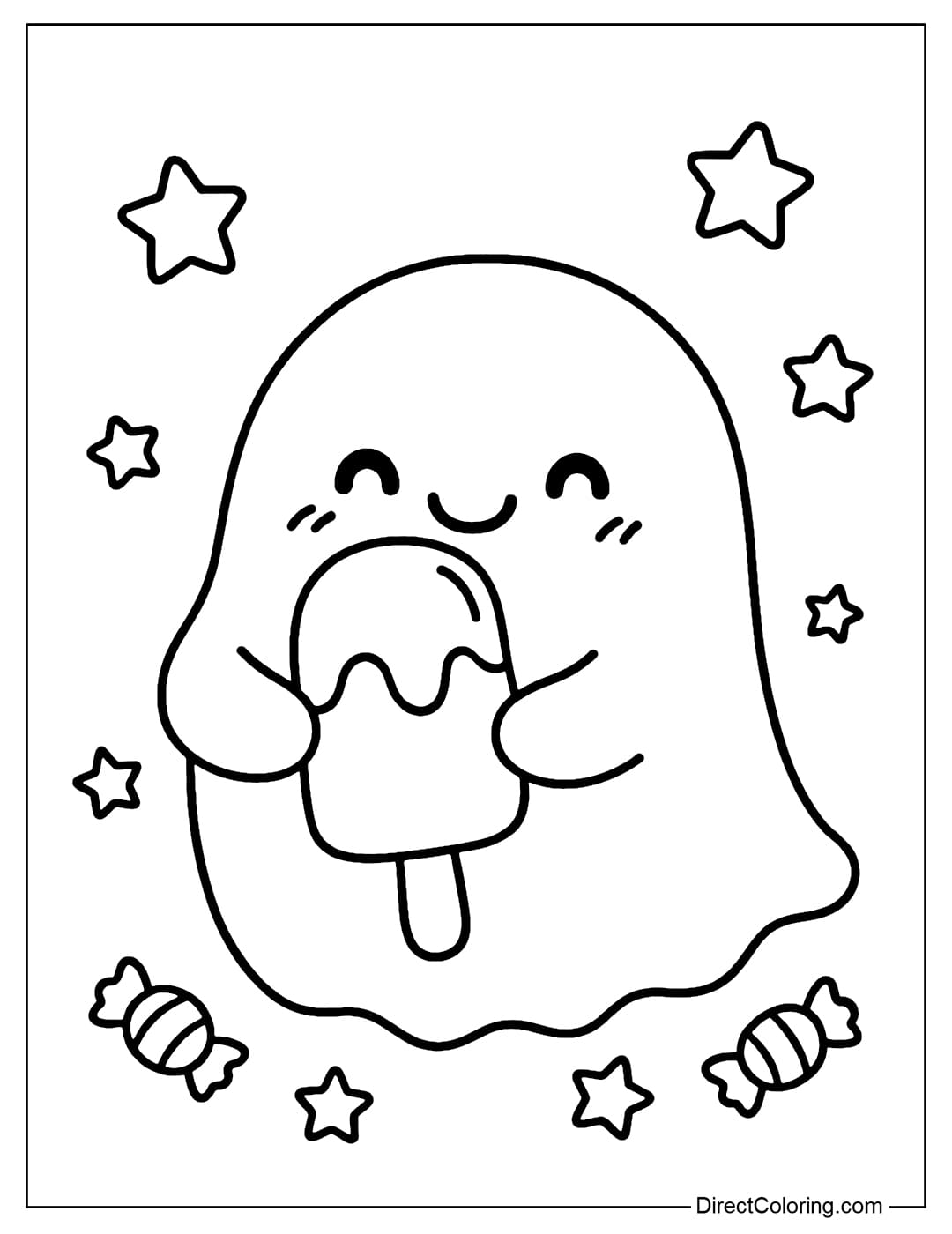 A chubby ghost coloring page holding an ice cream cone in both hands, a happy smile on his face, chubby cheeks.