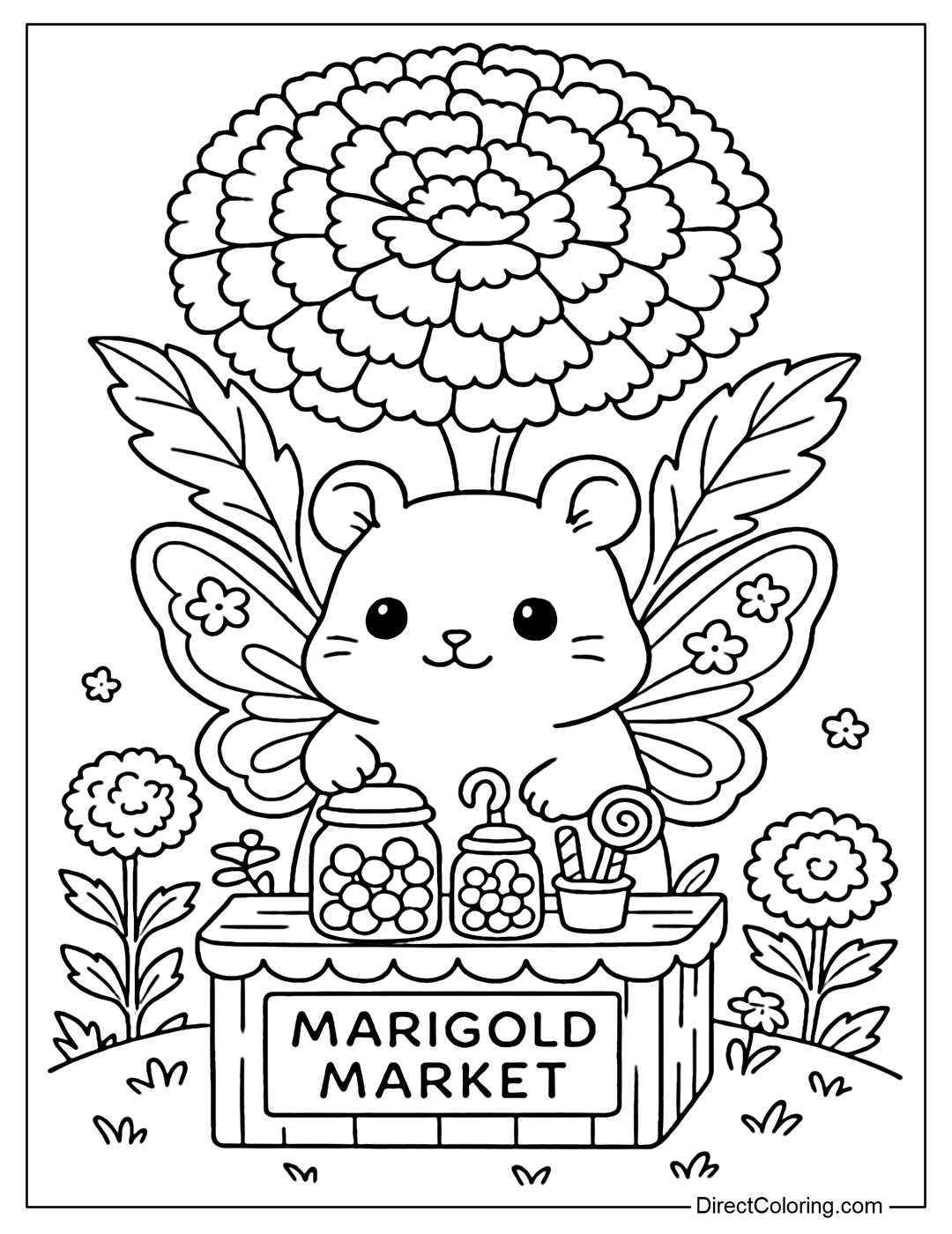 Coloring page of a little hamster with fairy wings, selling candy in a stall made of big marigolds.