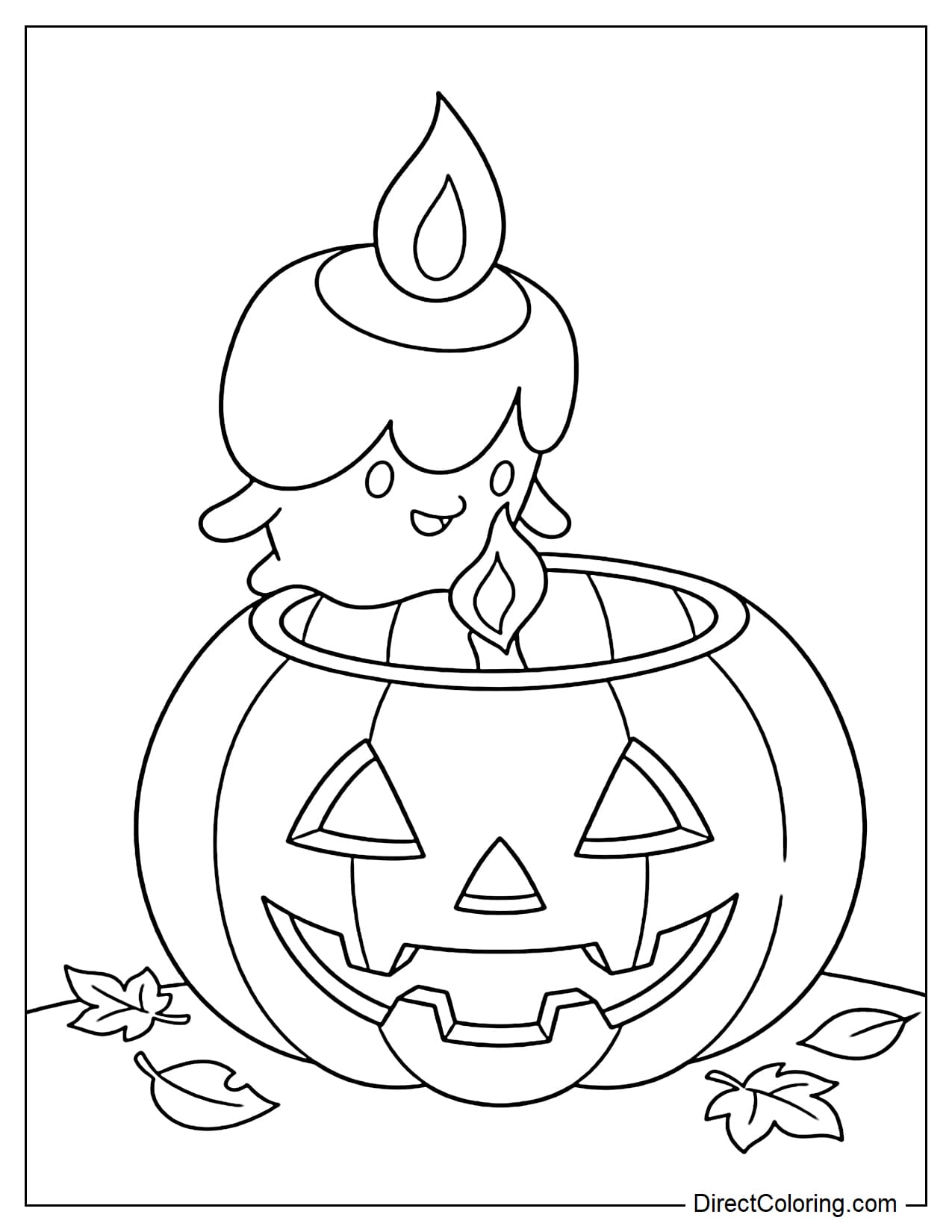Pokémon Litwick standing beside a large Jack-o'-lantern and using the flame on its head to light it from within.
