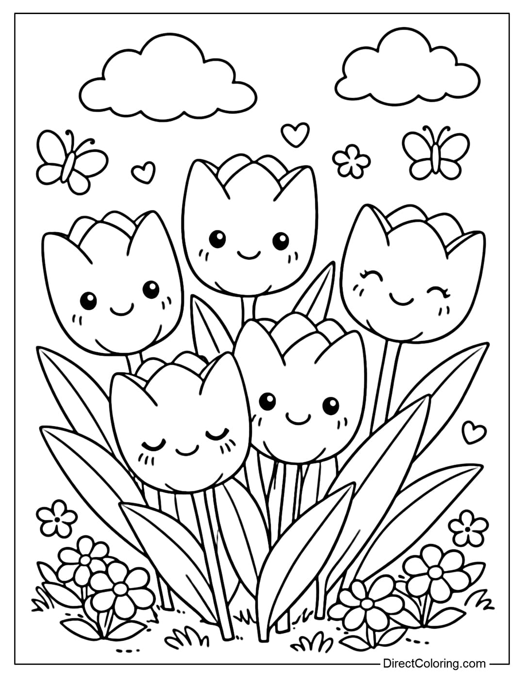 Coloring page featuring tulips with gentle, smiling faces and adorable expressions.