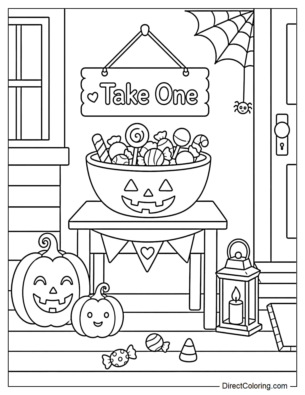 A Halloween porch corner features a large candy bowl on a small table with a hanging 
