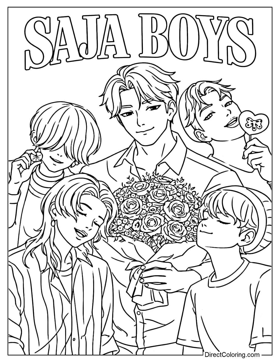 Saja Boys coloring page with a youthful style, capturing the fresh Valentine's Day atmosphere. It expresses friendship, connection, and the gentle charm of youth.
