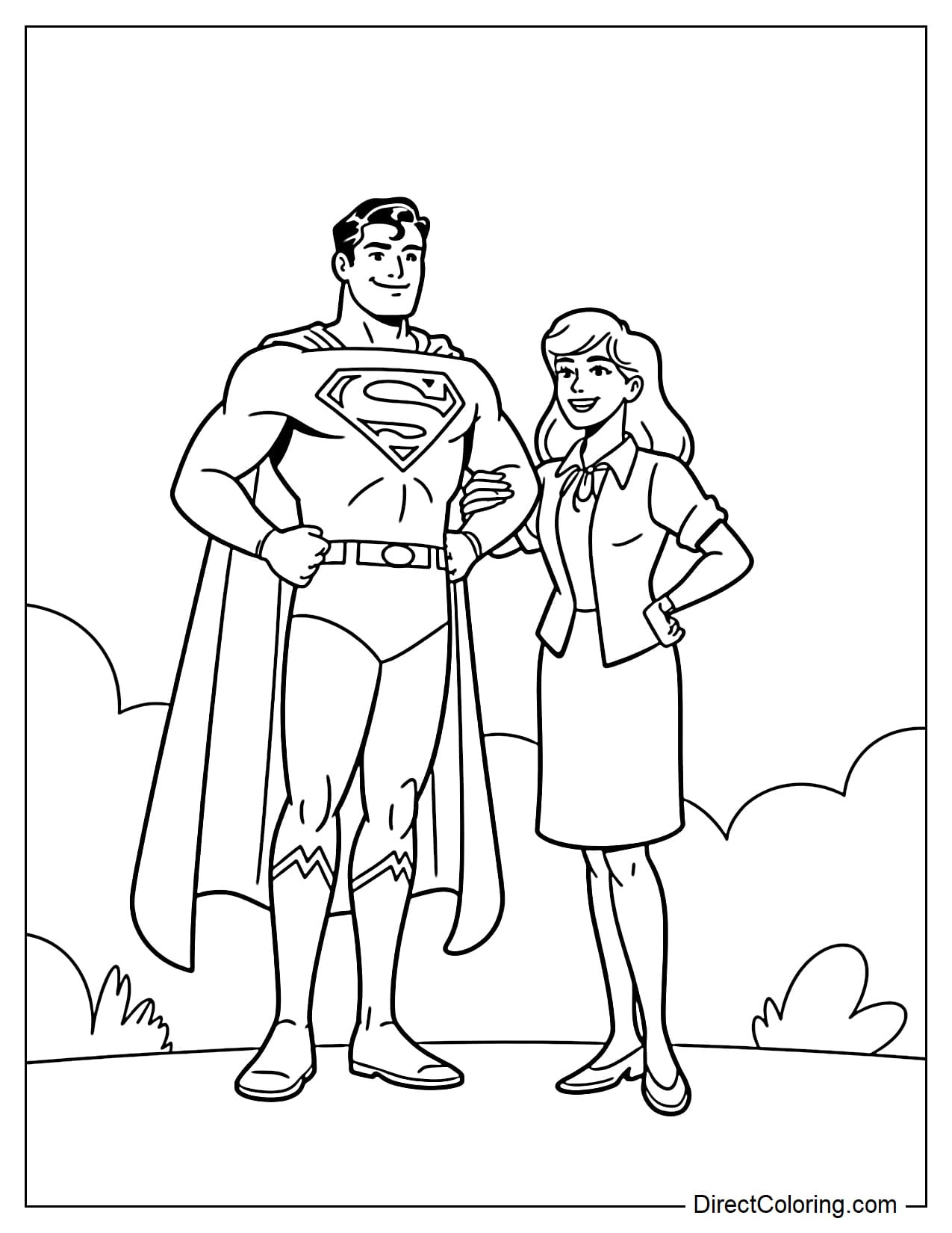 Superman stands next to Lois Lane, smiling happily.