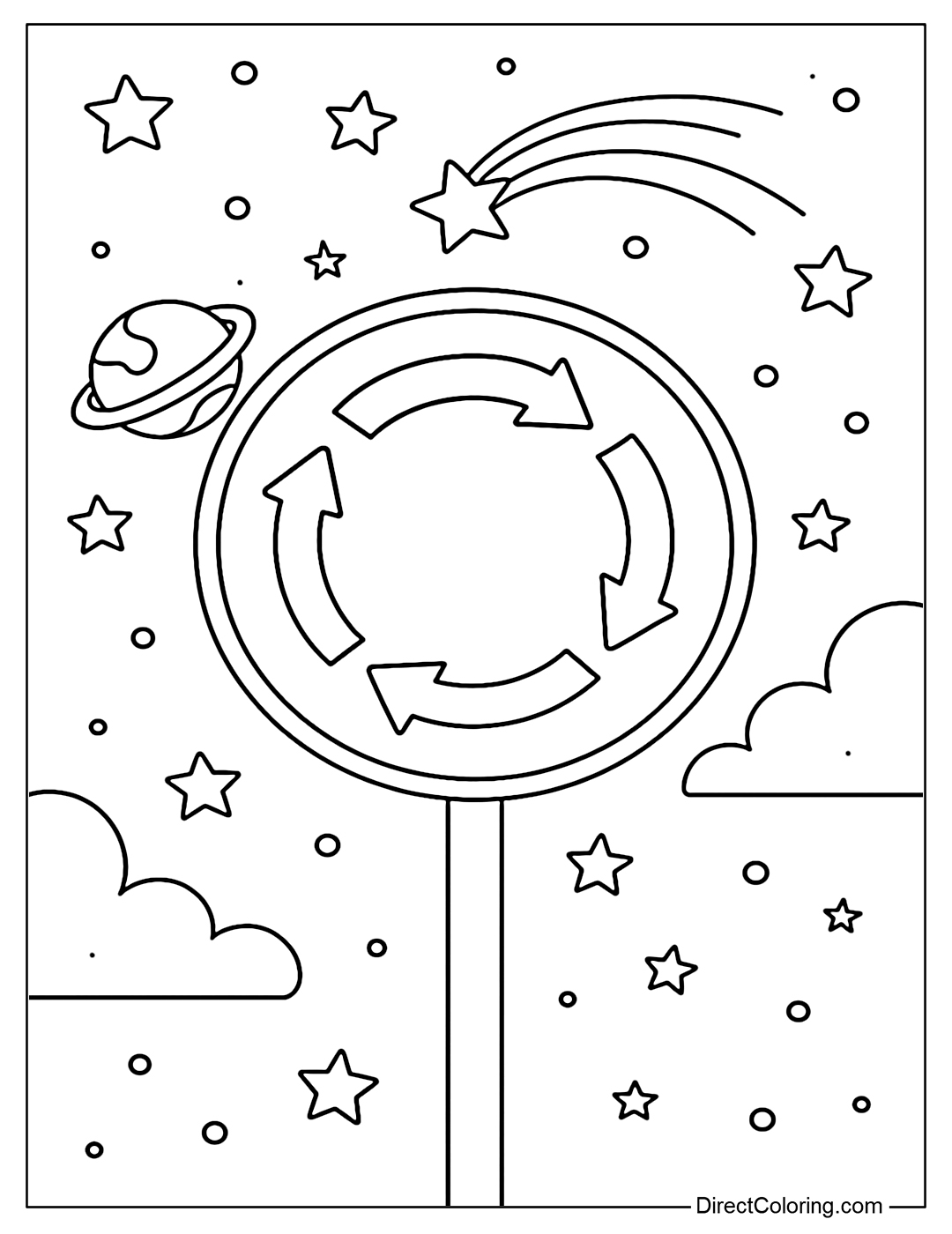 Roundabout sign coloring page, with small planets, shooting stars flying around.
