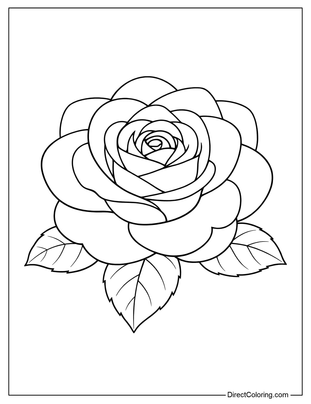 A coloring page of a single large rose with soft, rounded petals and simple leaves underneath.