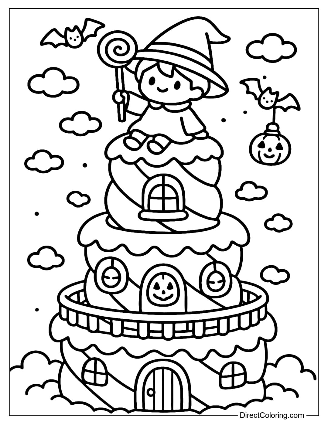 Coloring page of magic tower made of tiered marshmallows, railing covered with snow, on top of which is a little witch.