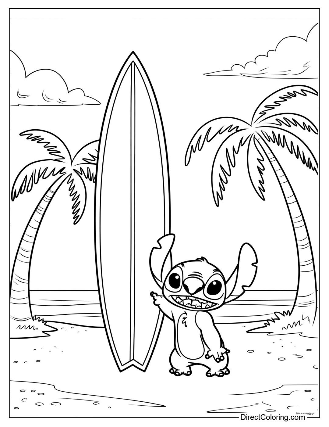 Stitch with Surfboard on The Sand Coloring Page