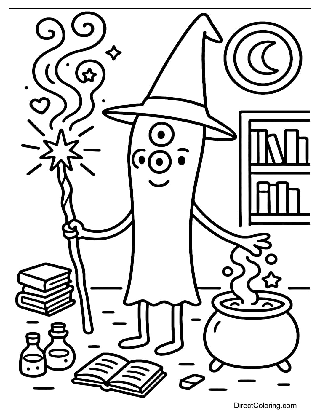 A monster coloring page wearing a witch hat, holding a magic wand emitting stars, next to it is a pot of steaming magic potion.