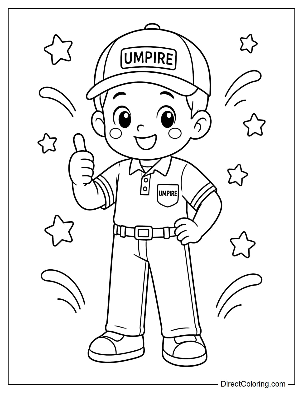 A cute baseball umpire is giving a thumbs-up and smiling, surrounded by small stars.