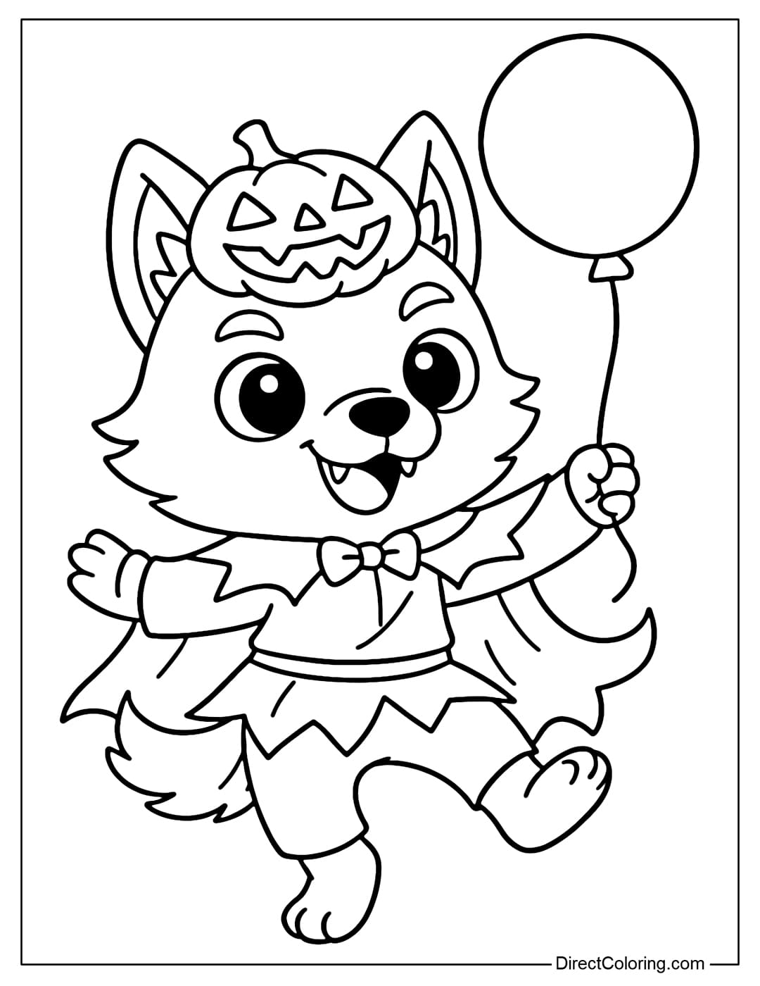 Funny chibi werewolf coloring page dancing, wearing Halloween costume, holding balloons.