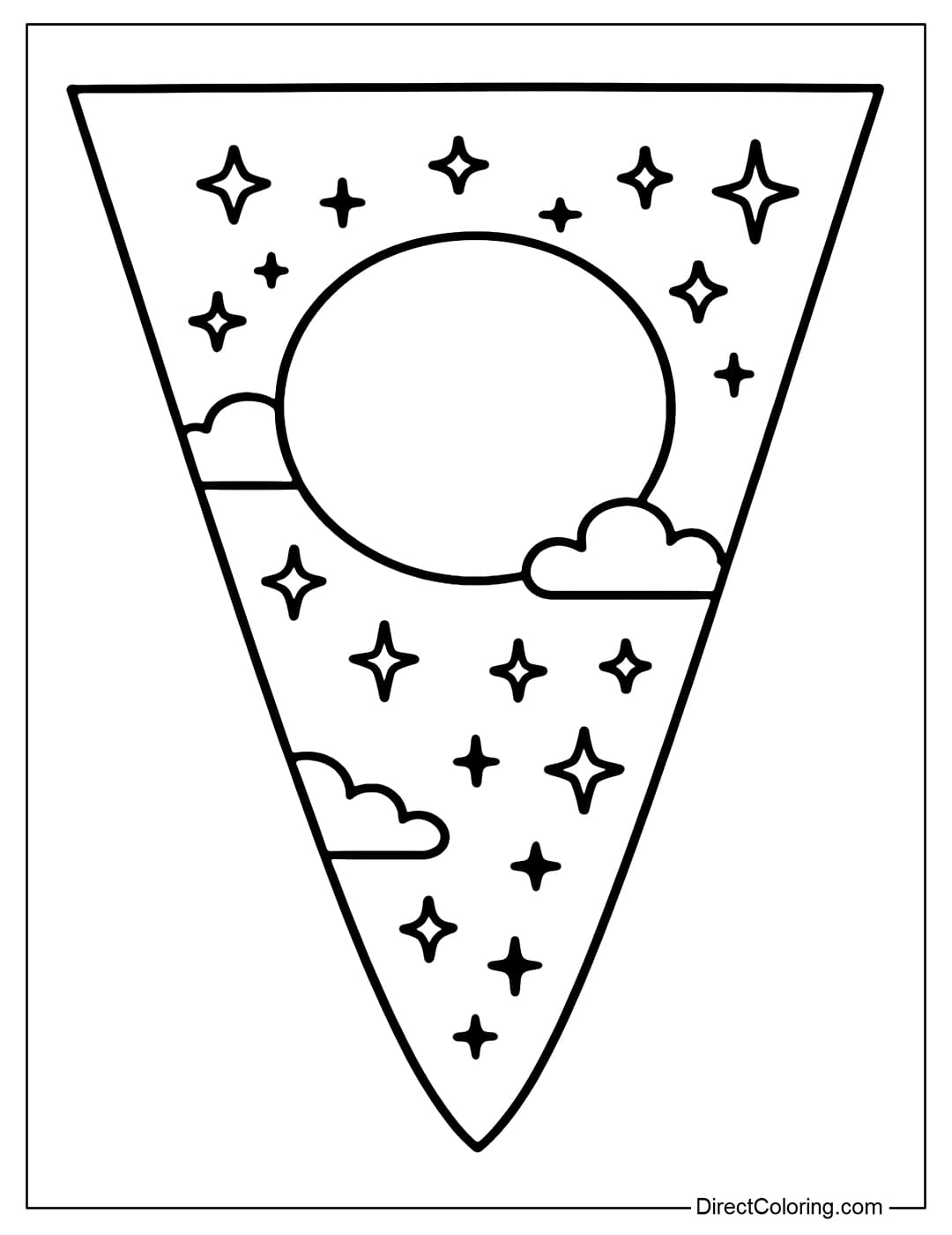 Triangle flag coloring page with a large full moon in the center, surrounded by stars.
