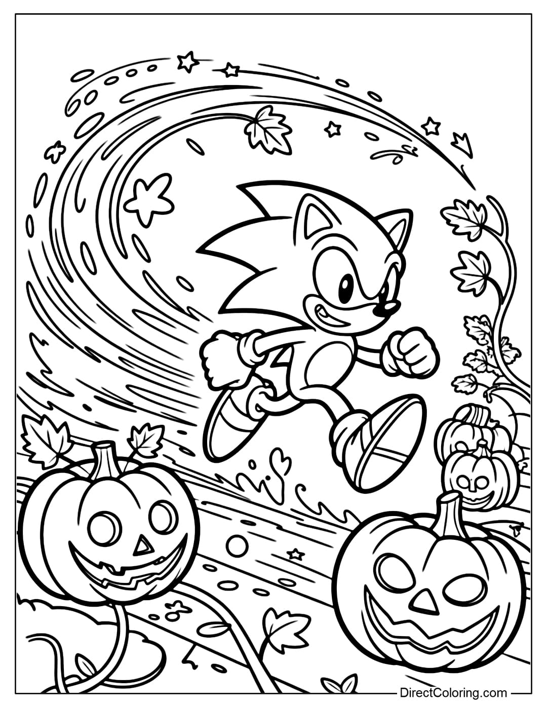 Coloring page of Sonic running quickly through the pumpkin forest, leaving a magical light trail.