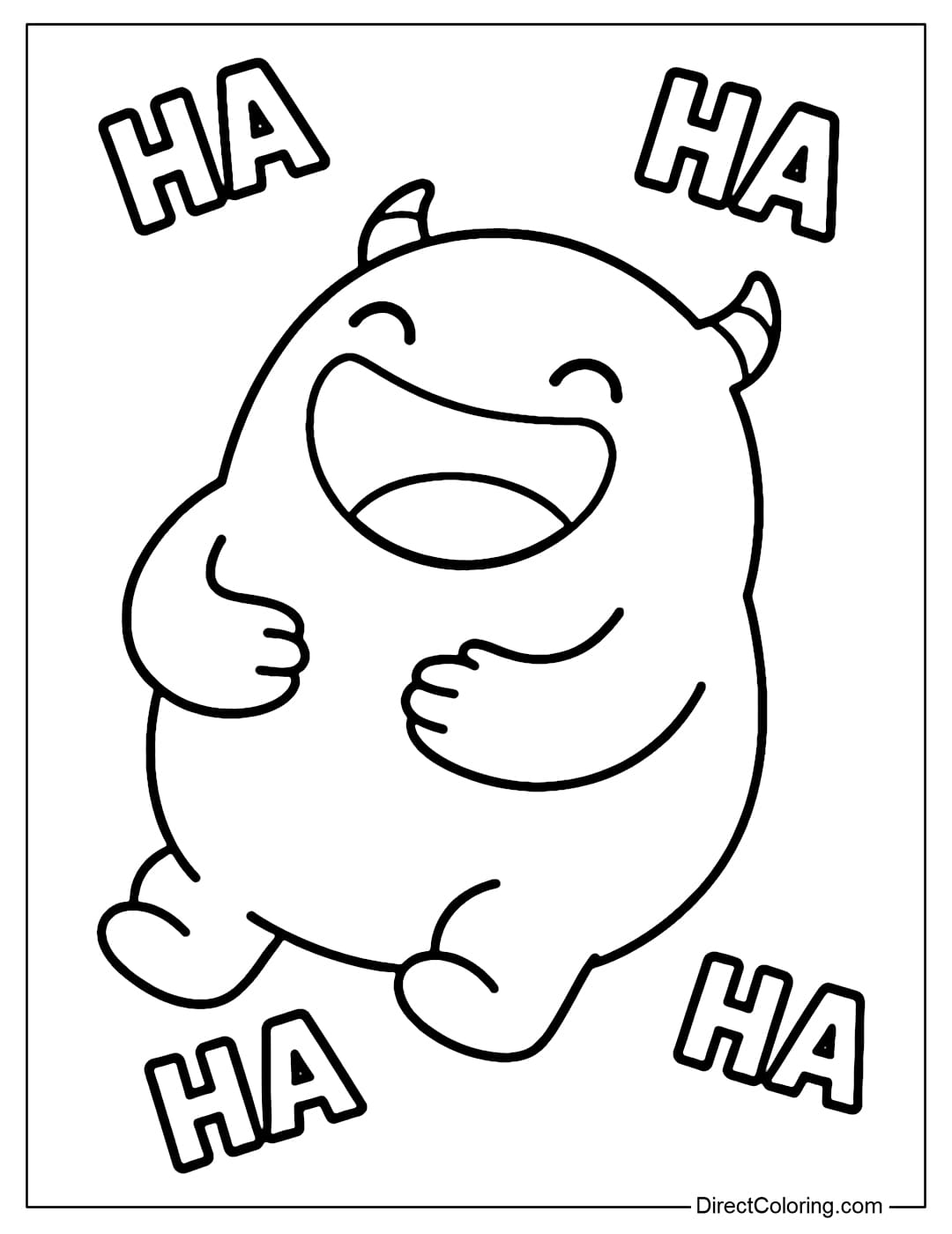 Coloring page of a monster with a big belly, a wide mouth, laughing, holding its belly, surrounded by the words 