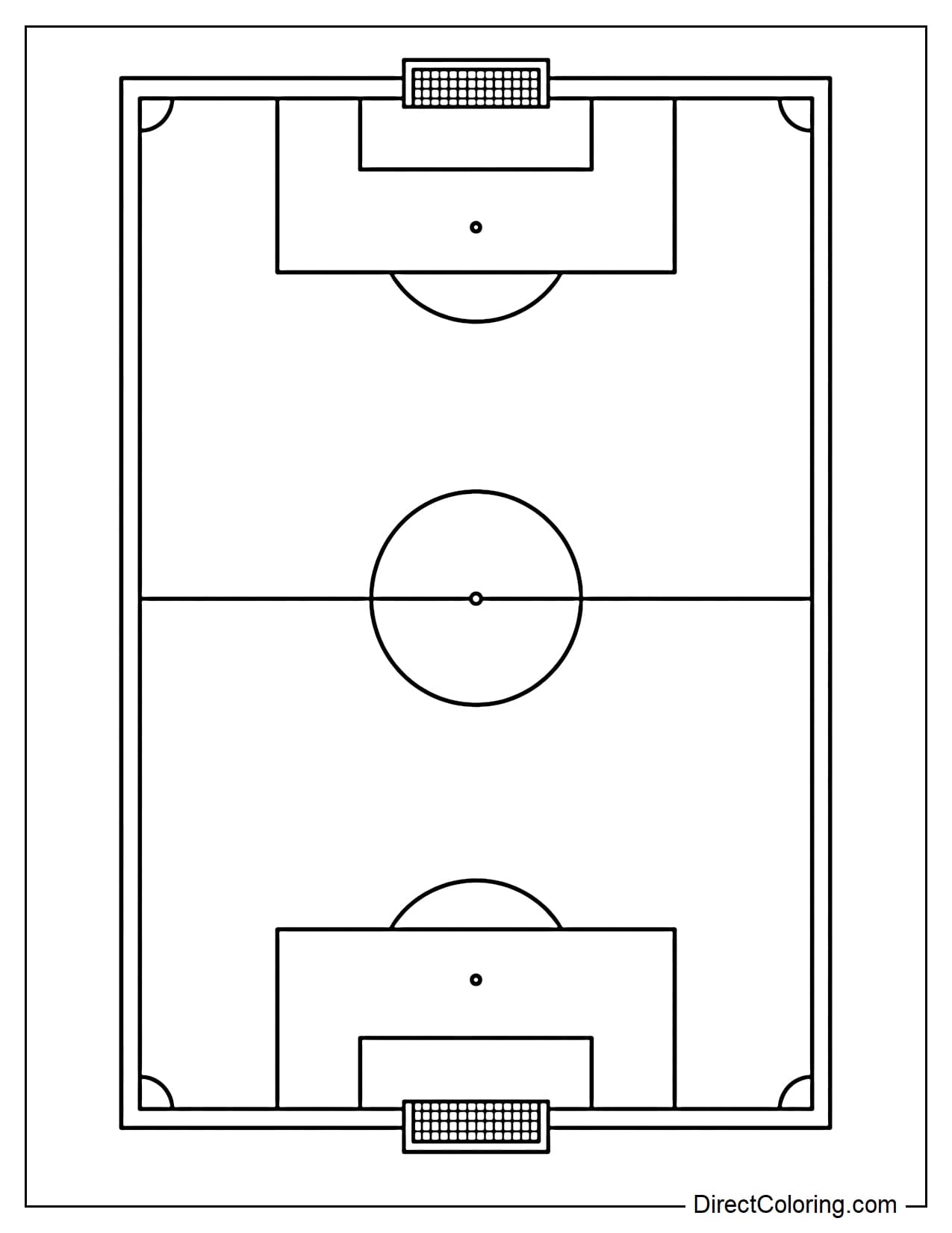 A soccer field viewed from above with a center circle, clear lines, and two goals at either end.