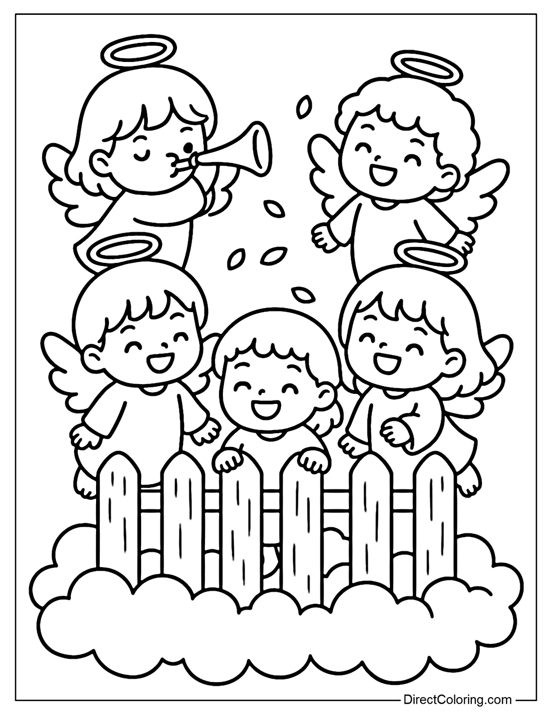 Fence coloring page on white clouds, with little angels blowing trumpets and smiling.
