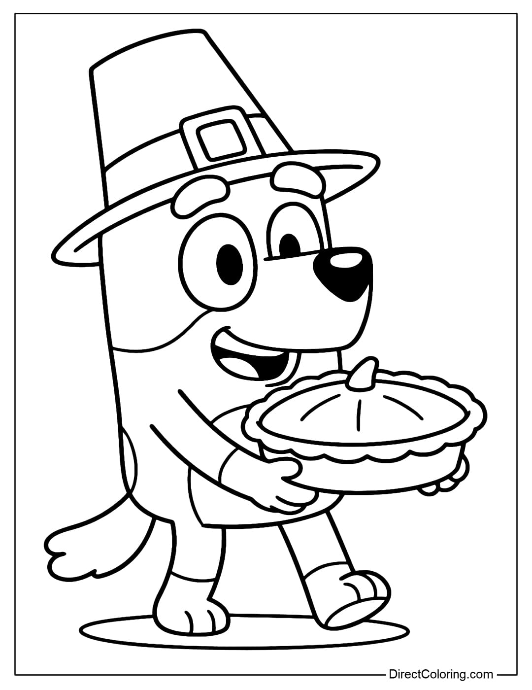 Bluey Coloring Page wearing a traditional Pilgrim hat, holding a delicious pumpkin pie in both hands.
