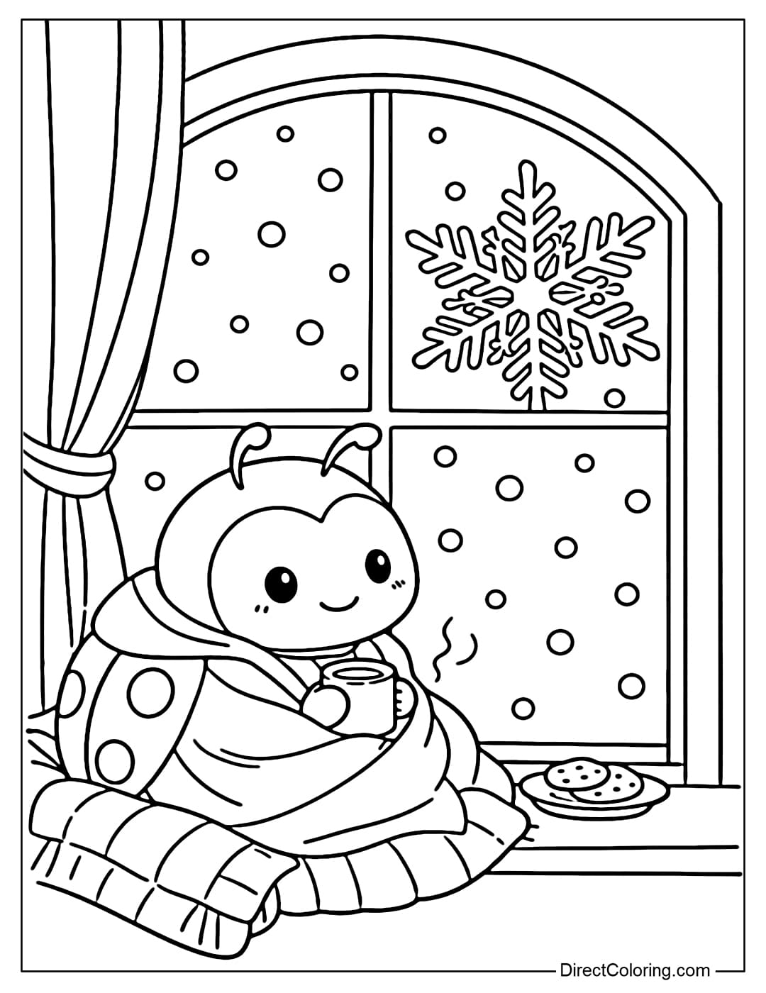 A coloring page of a ladybug sitting by a winter window with large snowflakes outside and a warm blanket.