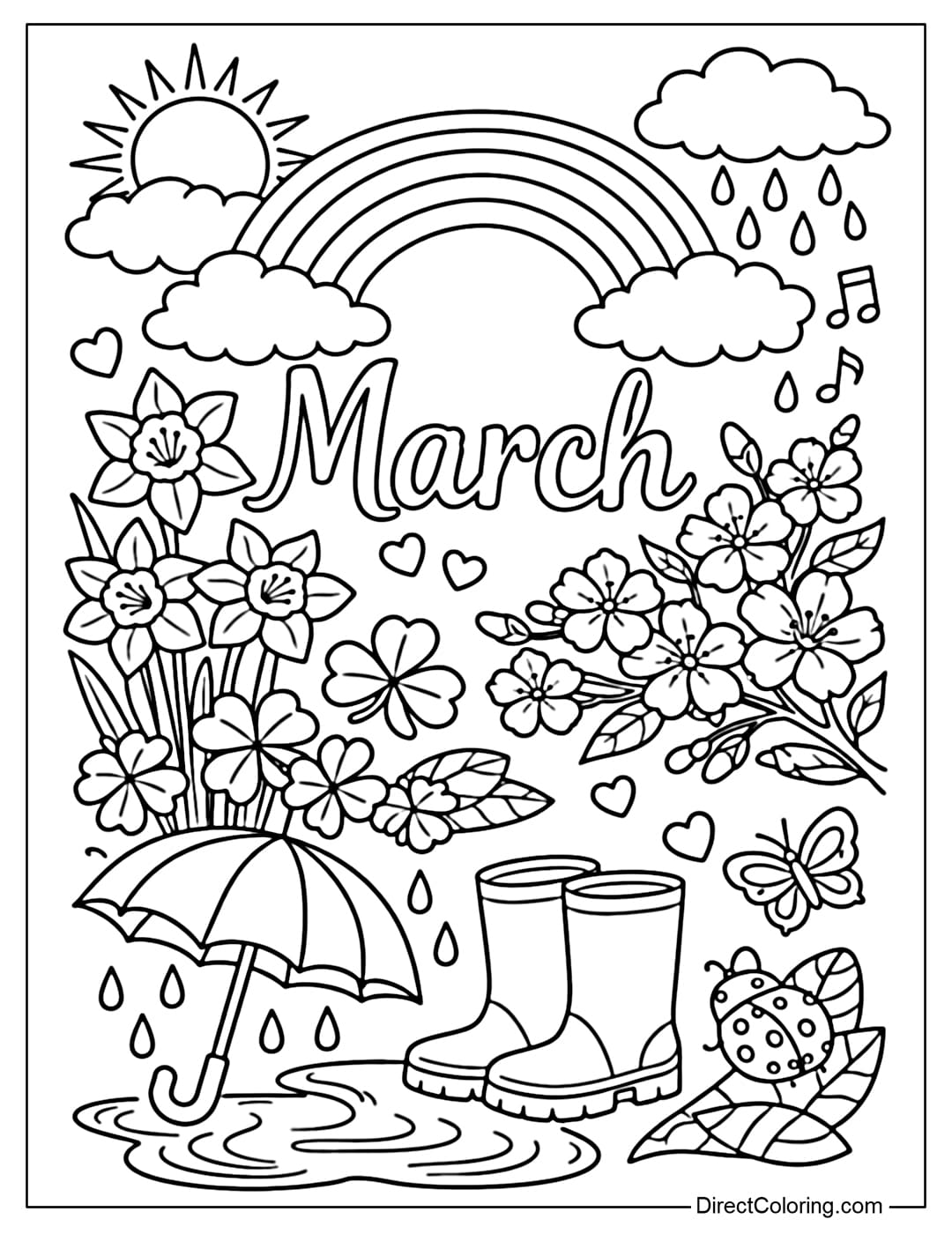 A coloring page of March nature symbols such as flowers, rain, and a rainbow.