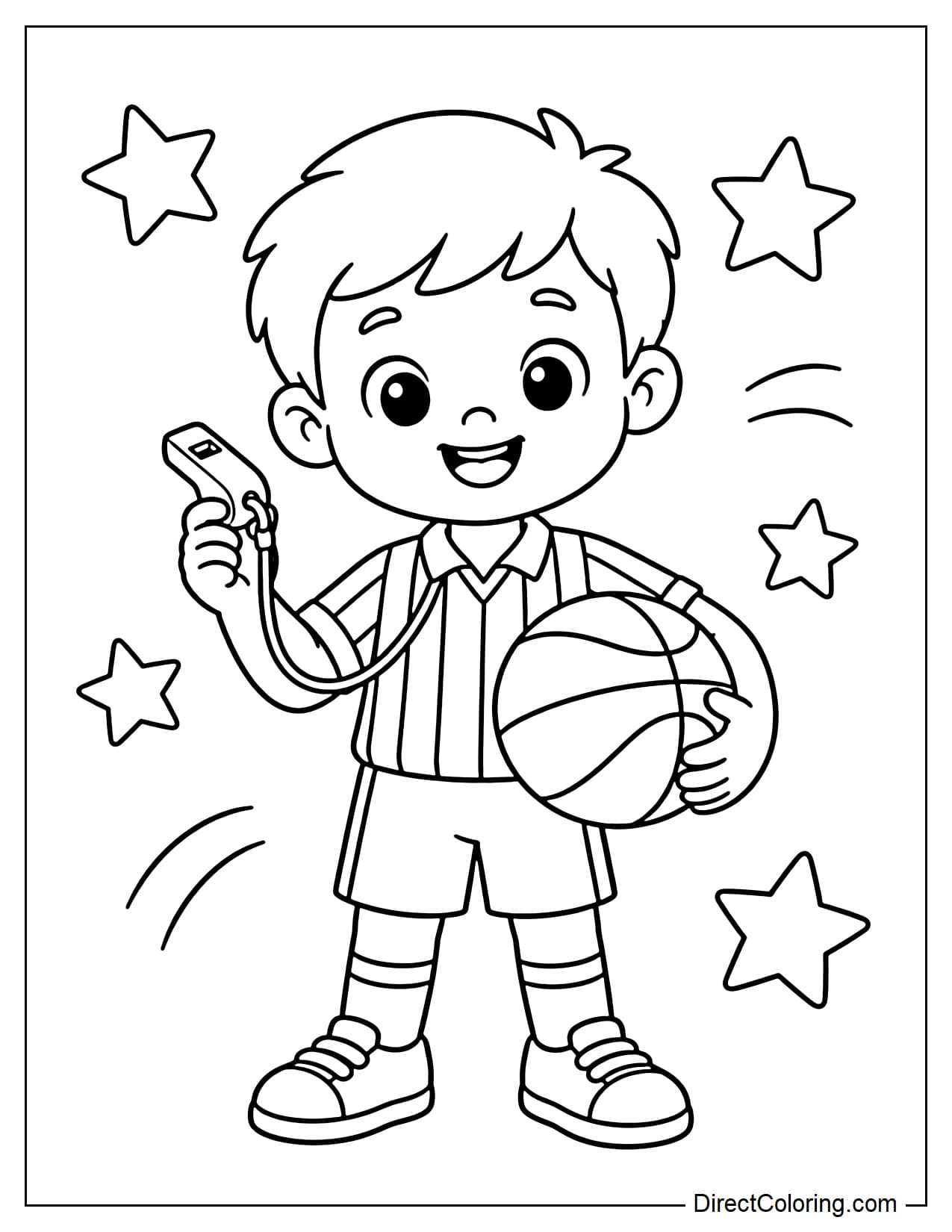 A cute little referee is holding a whistle and a basketball, wearing a striped shirt, with some curves and stars beside him.