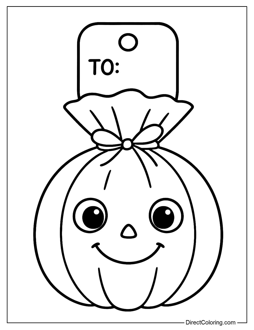 A pumpkin-shaped candy tag coloring page with a gentle smiling face and big, round, lovely eyes.