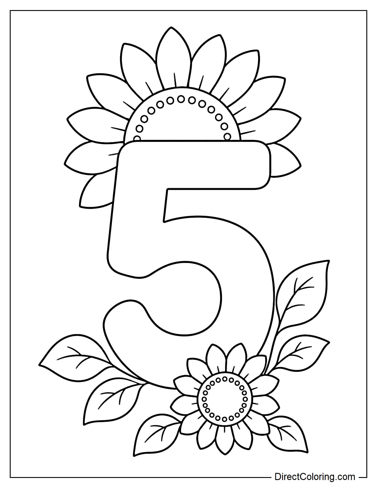 A large, simple number 5, with a sunflower peeking out from behind the top of the number, and a small, slightly off-center sunflower in front of the number's base, interspersed with a few simple leaves.