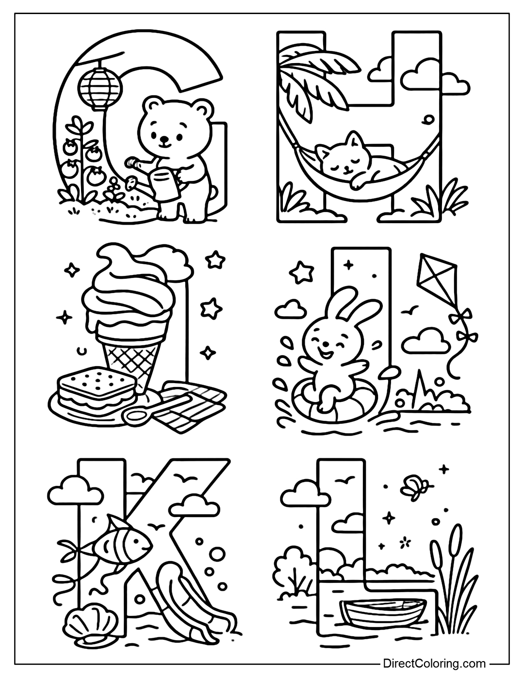 Alphabet coloring page from G to L with the letter G with a summer garden scene in the afternoon. The letter H is a summer afternoon nap in a hammock. The letter I brings the cool feeling of summer ice cream. The letter J is a summer jumping scene. Letter K with windy sky and kites. Letter L with quiet lake scene on summer afternoon.