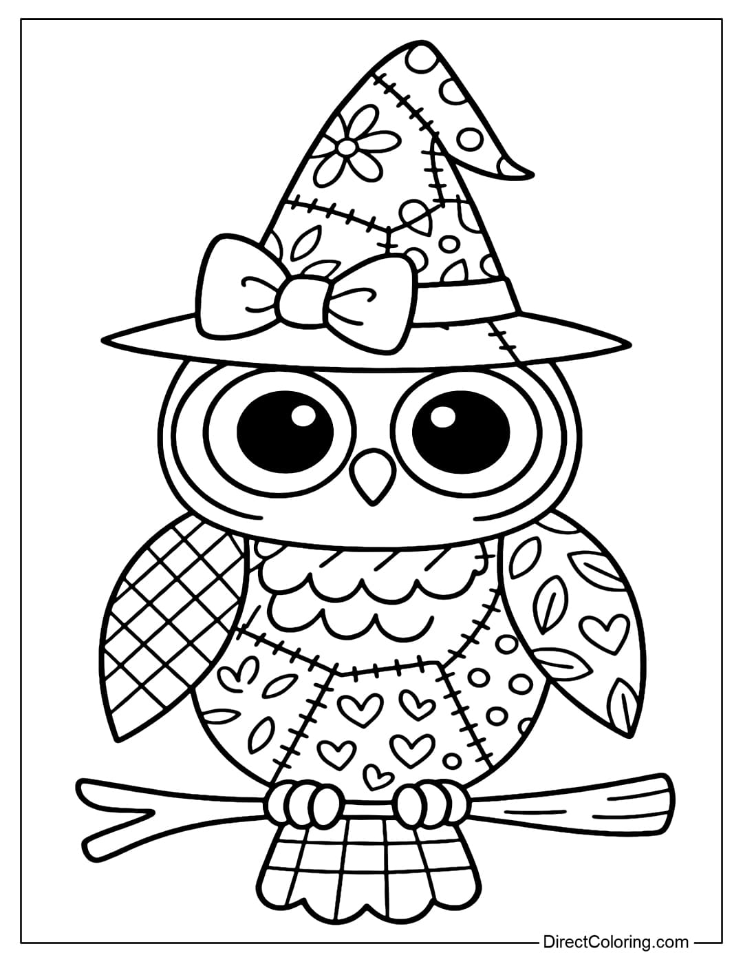 A coloring page for a Halloween owl wearing a witch hat with a full body patchwork, big round sparkling eyes.