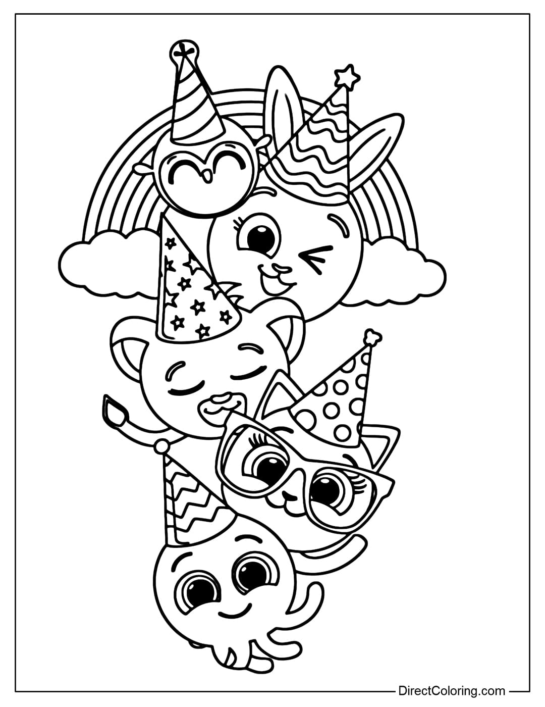 Coloring page of Bolofofos cartoon characters wearing birthday party hats and celebrating happily.