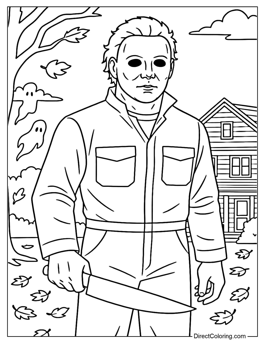 Michael Myers Horror Coloring Page Michael Myers coloring page with a lifeless white mask, wearing a dark jumpsuit, standing in front of a suburban house full of fallen autumn leaves.