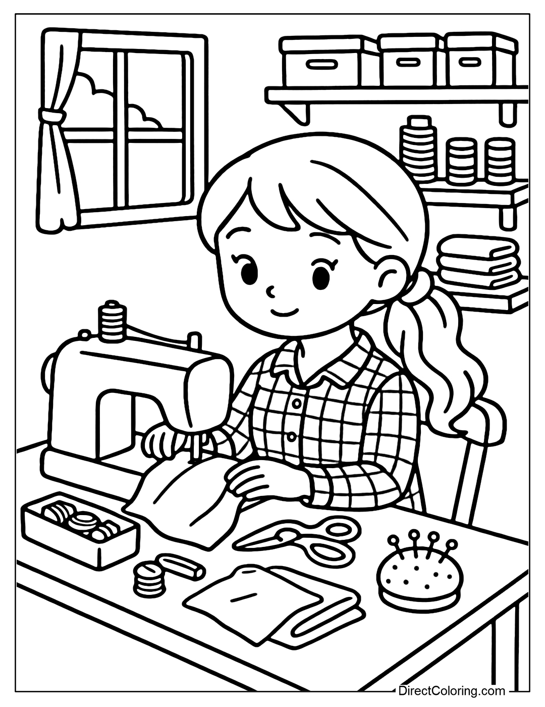 Coloring page of a girl sitting at a sewing table next to a small window. The table has a sewing machine, a box of thread, scissors, fabric, and a needlepoint.
