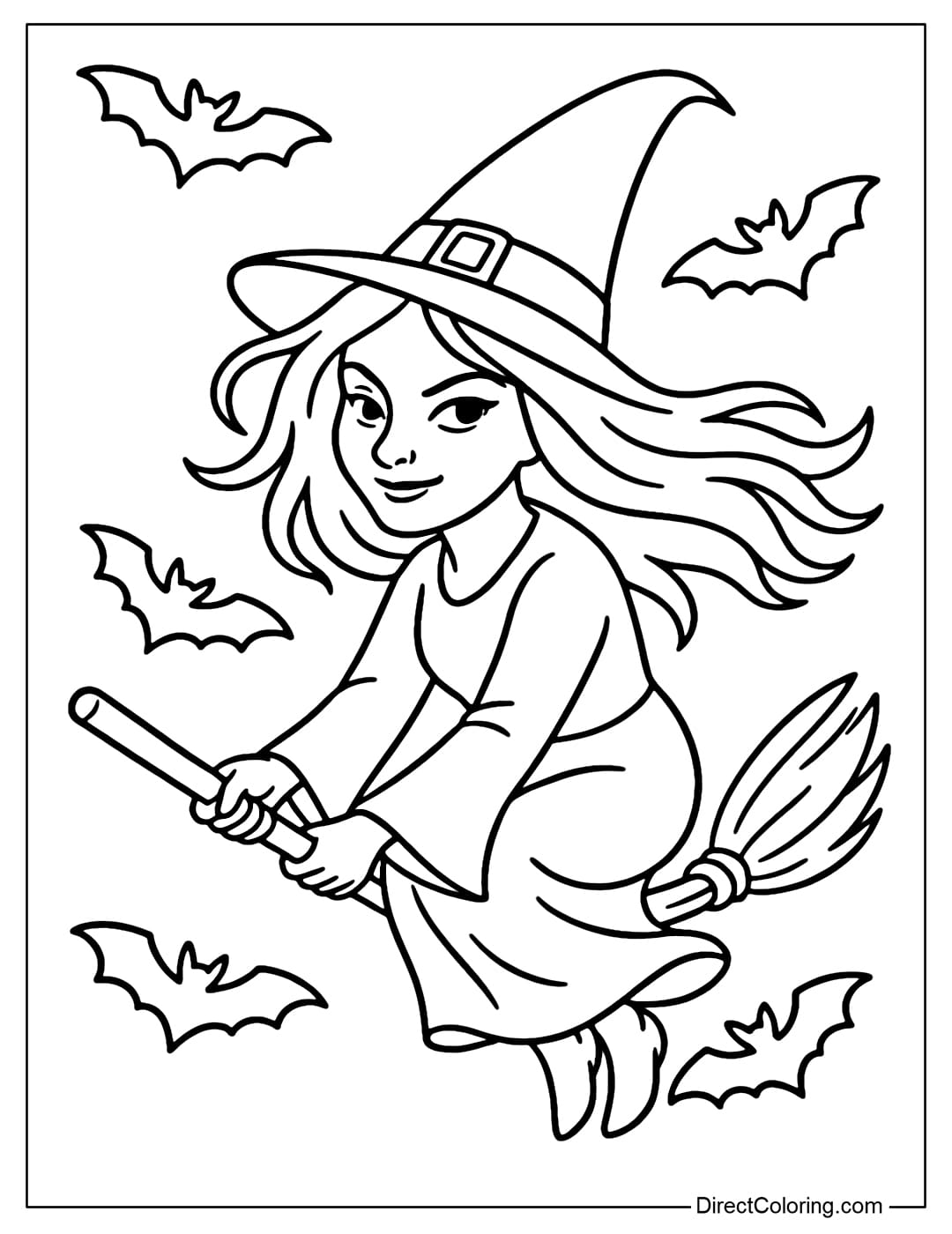 A coloring page of a witch flying among bats, her broom pointing down, her hair fluttering in the wind.