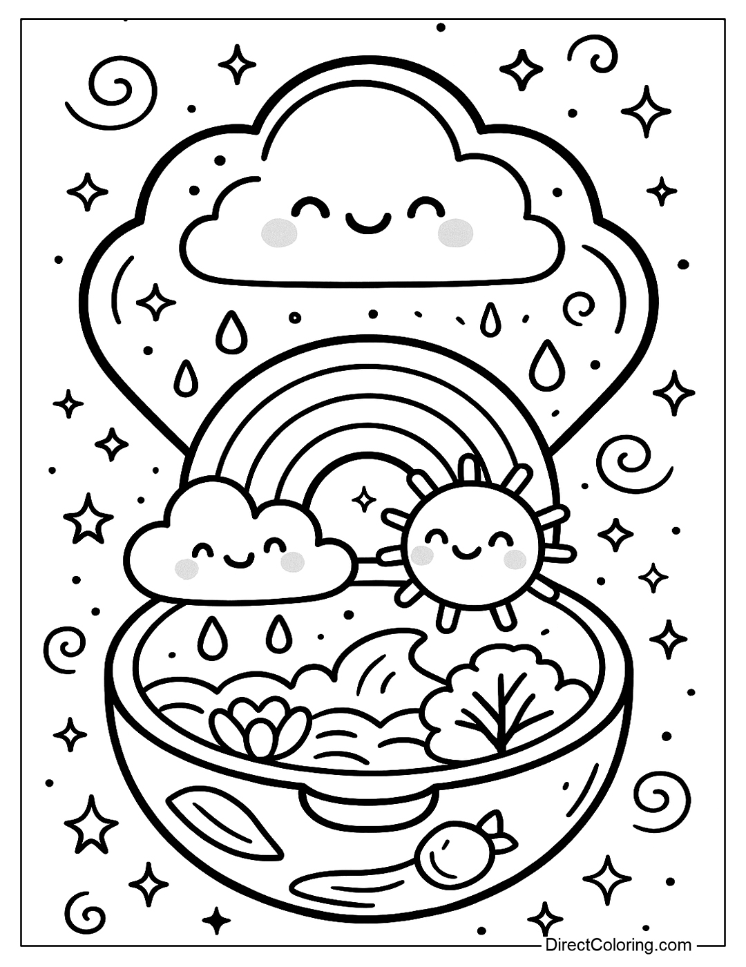 a cloud compact coloring page that opens to a rainbow, raindrops, and warm sunshine
