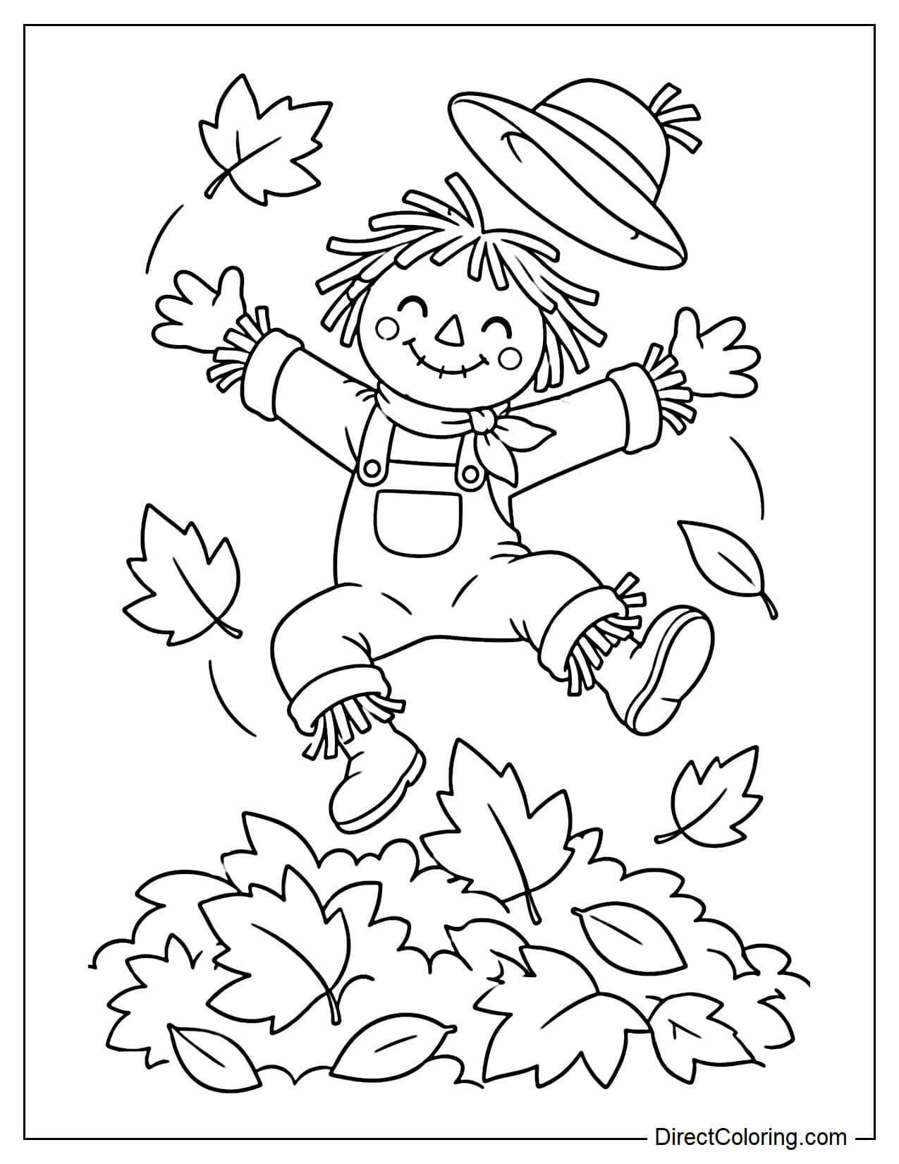 A cheerful scarecrow jumps into a large pile of autumn leaves with its arms spread wide, legs lifted, and straw hat slightly flying off as a few large leaves scatter around.