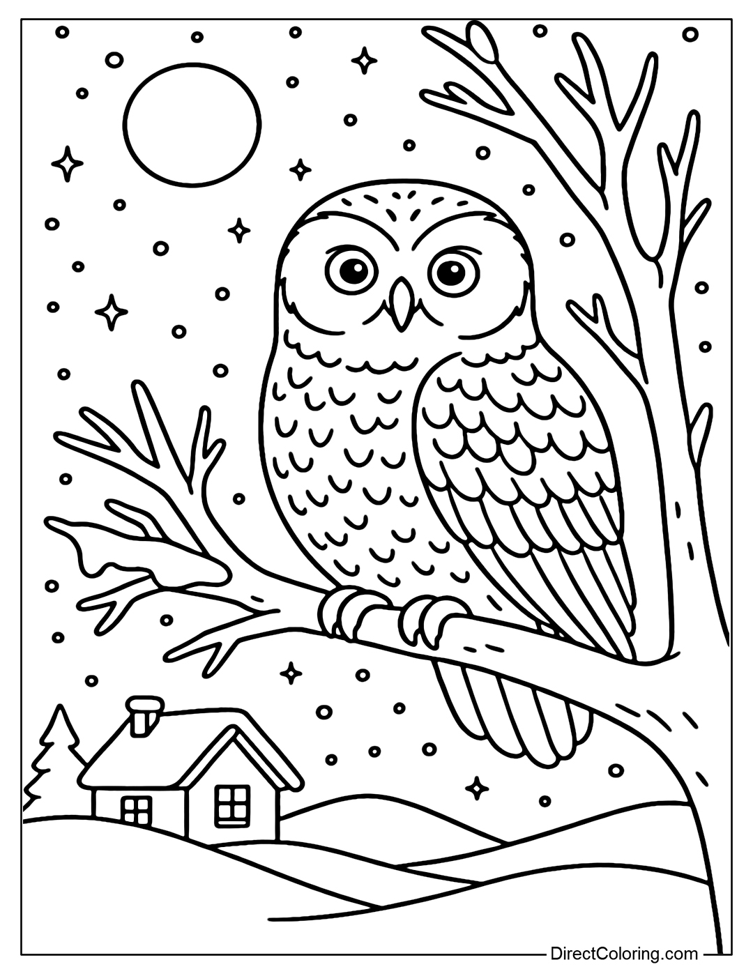 Coloring page of a snowy owl perched on an icy tree branch, with a night sky and a house in the distance shining with golden light.