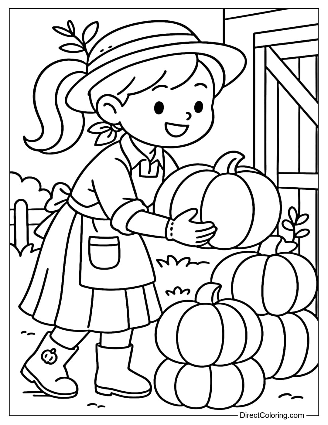 a farm girl coloring page stacking large round pumpkins neatly in front of the barn door.