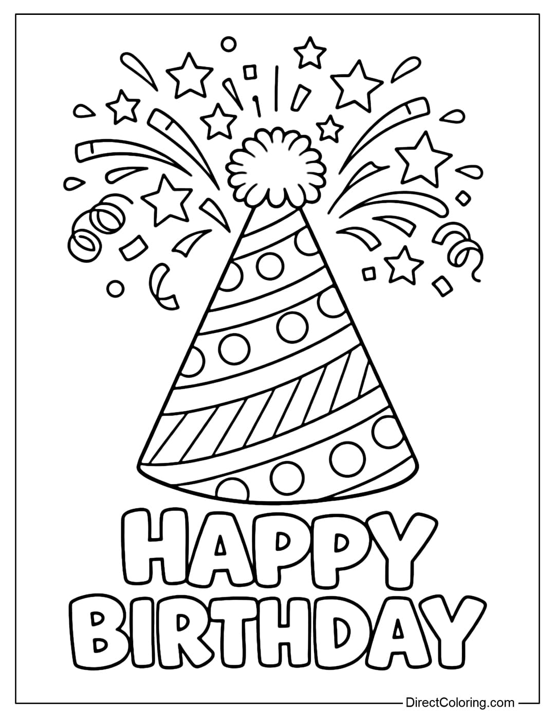 A coloring page featuring a large birthday hat with confetti and a flying star on top. The words 