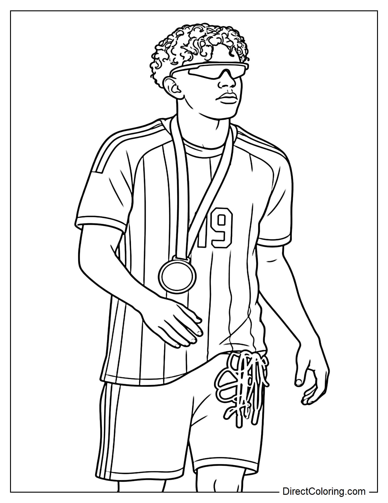 Lamine Yamal, wearing the number 19 Spanish national soccer jersey, is walking confidently after the victory, sporting large sports sunglasses, his signature curly hair, and a championship medal around his neck.