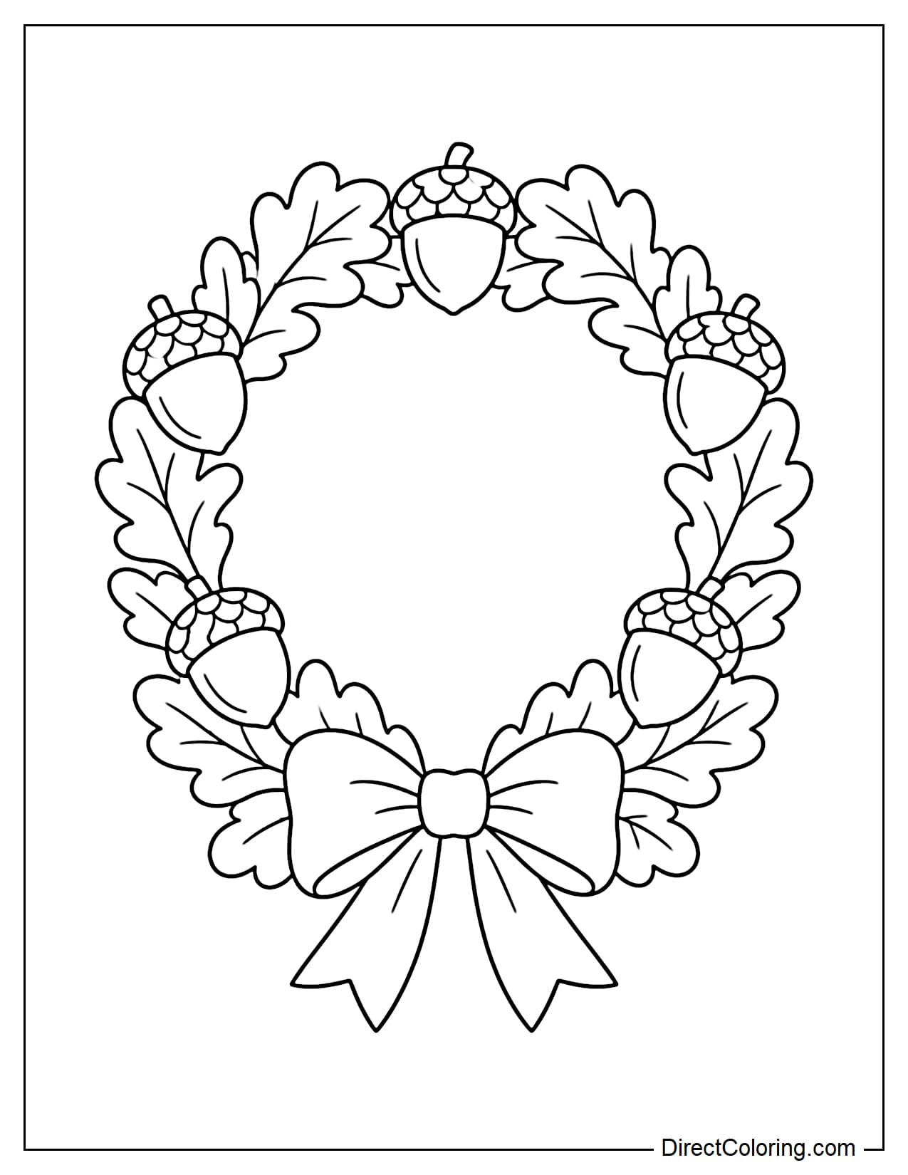 A large decorative wreath made from curved oak leaves arranged between large acorns, with a big rounded bow tied at the bottom.
