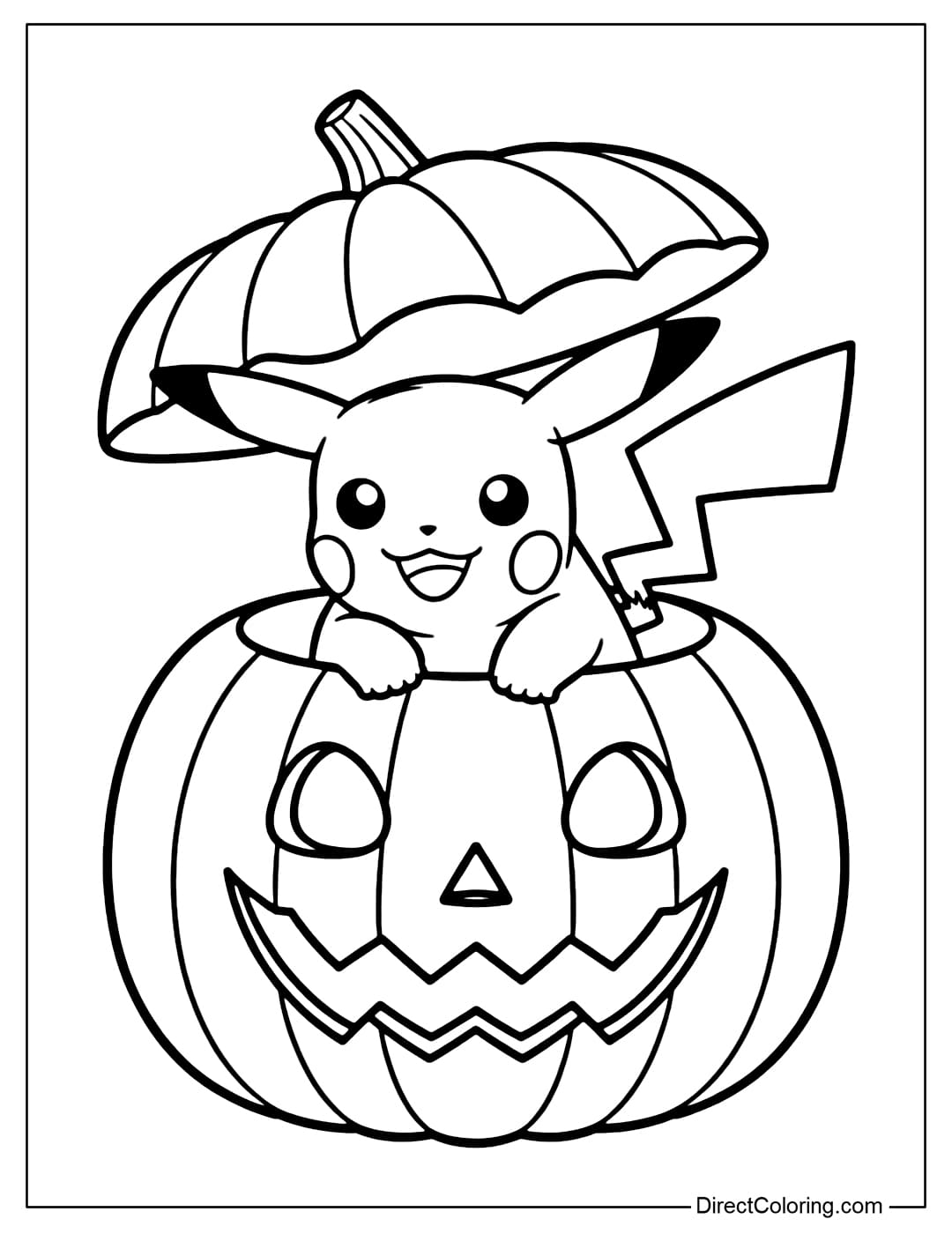 Pikachu Coloring Page is popping its head out of a Halloween pumpkin, the pumpkin lid is open.