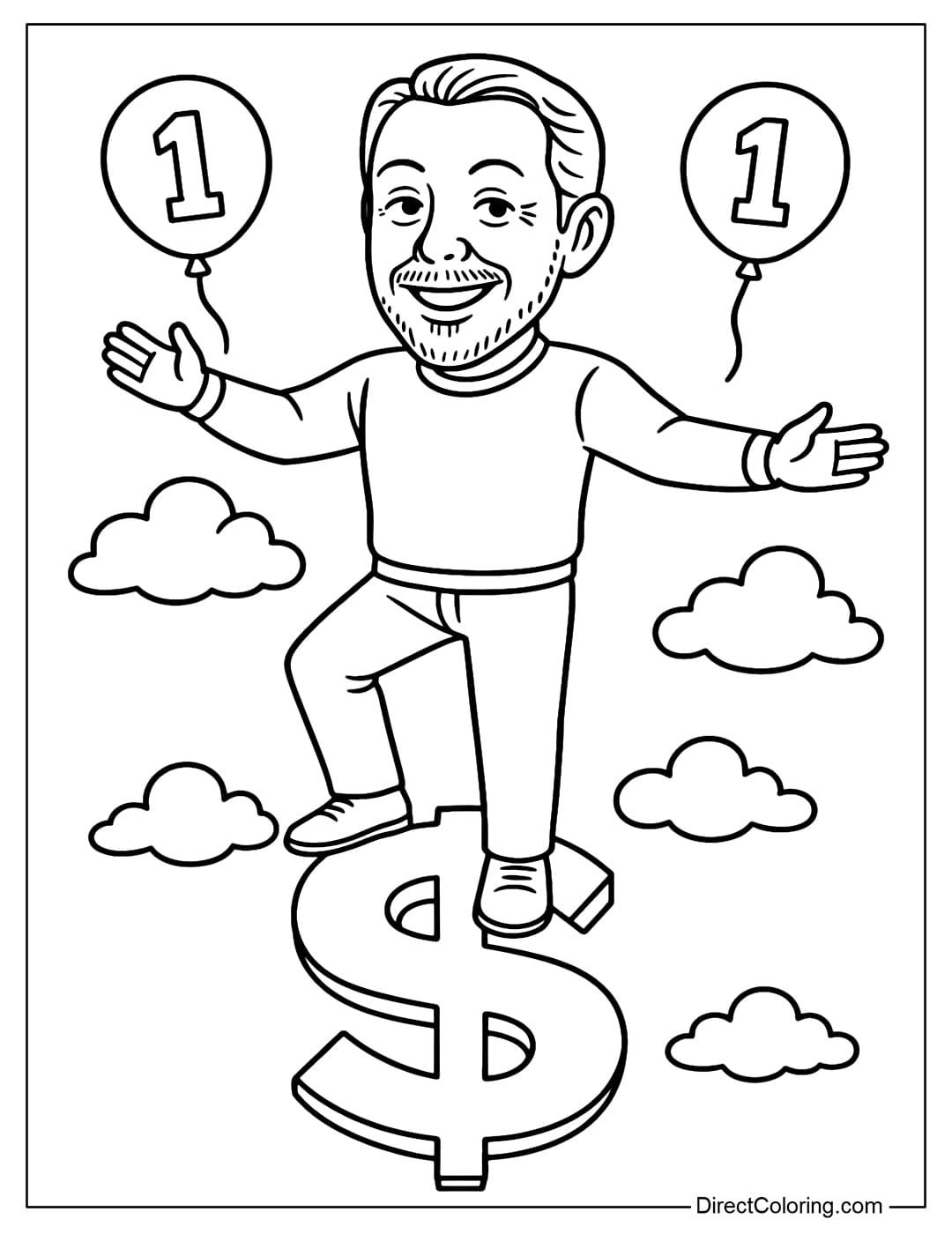 Larry Ellison with a Dollar Sign Coloring Page Coloring Page Larry Ellison standing balancing on a giant $ sign, smiling confidently, surrounded by clouds, balloons with the number 1.