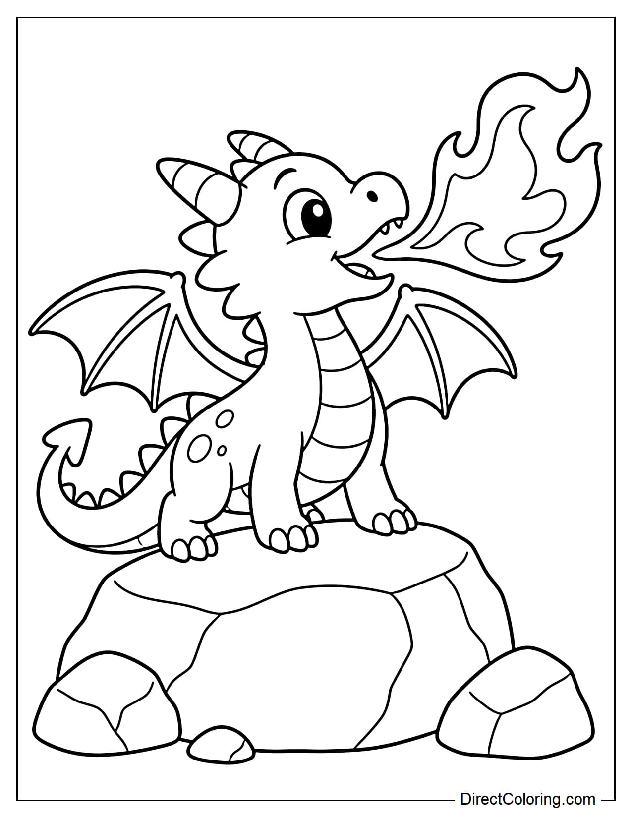 A dragon is standing on a large rock, lifting its head slightly and breathing out a big flame.