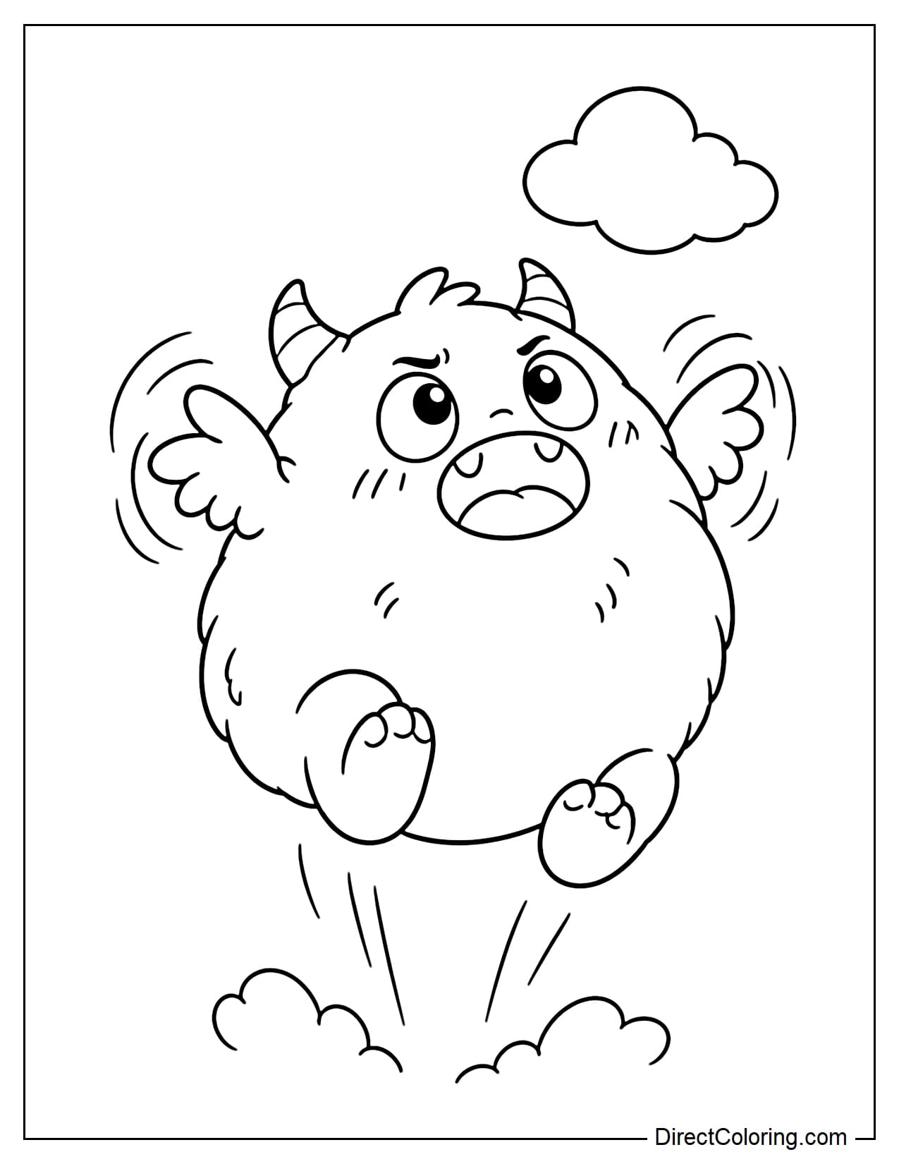 A chubby, round monster with very small wings tries to fly with both legs tucked up.