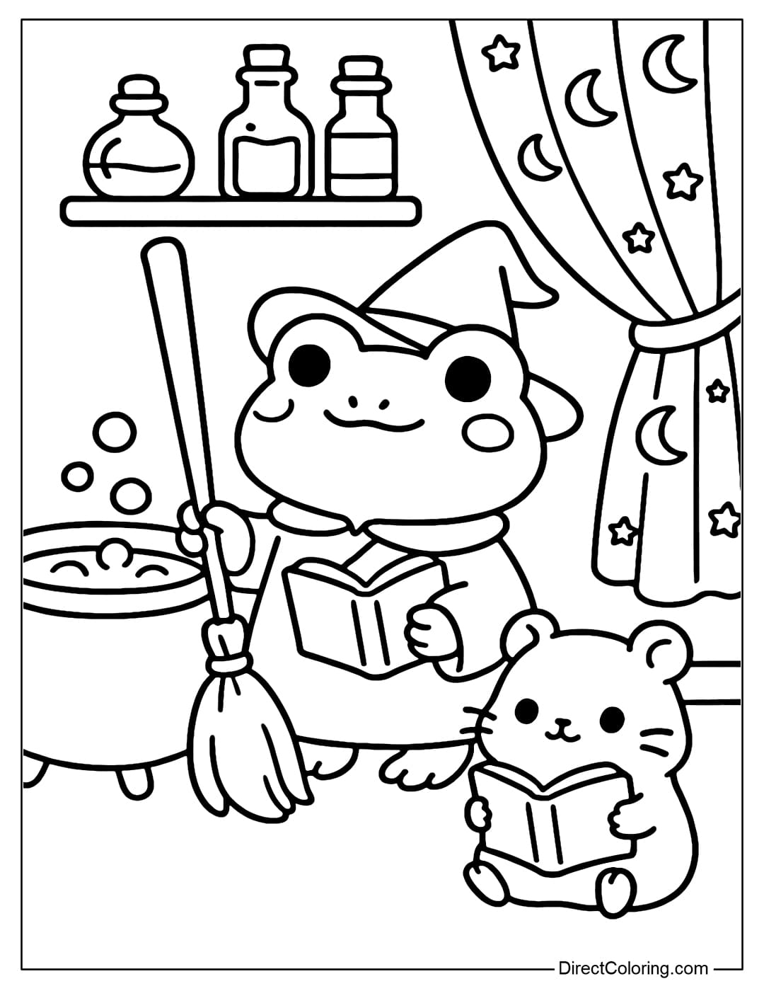 A coloring page of a witch frog and a little hamster learning magic. The room has a pot of medicine, a glass jar shelf, and a curtain with a moon and star pattern.