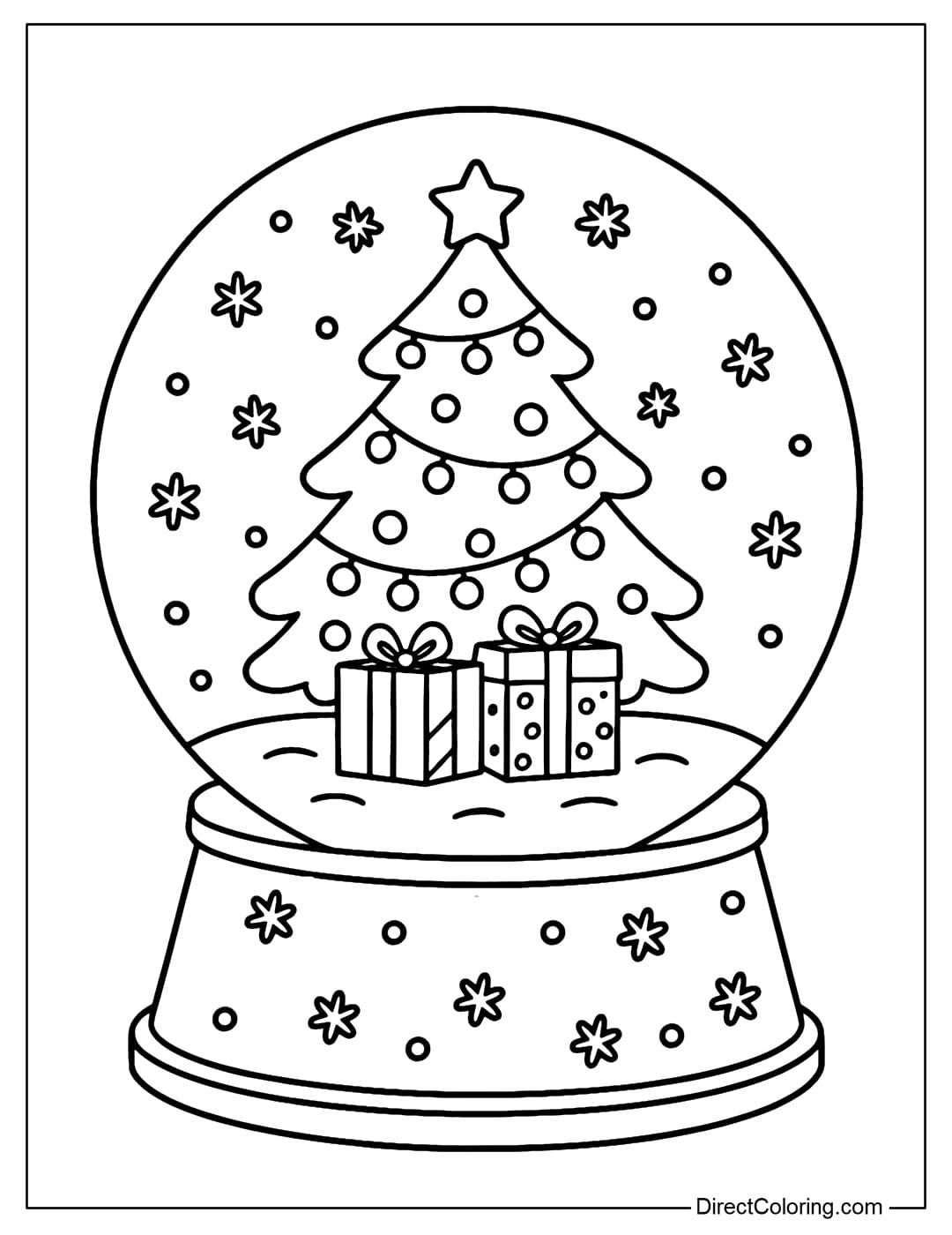 A snow globe coloring page with a Christmas tree adorned with round ornaments, string lights, and a star on top, with gift boxes at the base.